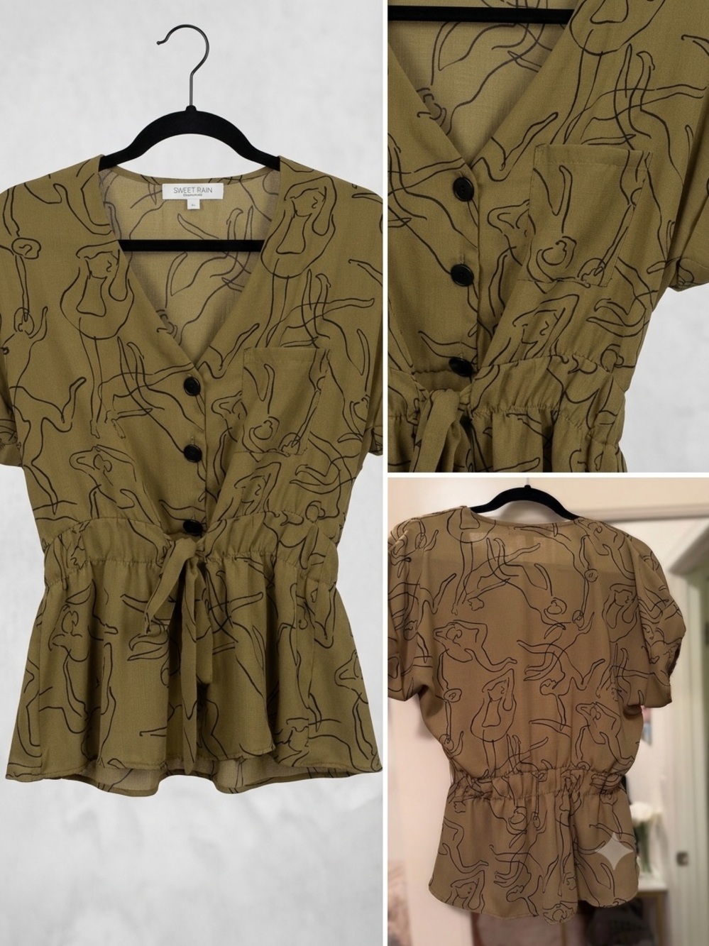 Sweet Rain Abstract Line Art Figural Print Peplum Top Olive Khaki